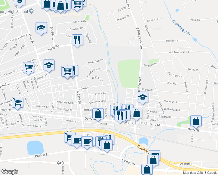 map of restaurants, bars, coffee shops, grocery stores, and more near 320 Park Terrace in Harrisburg