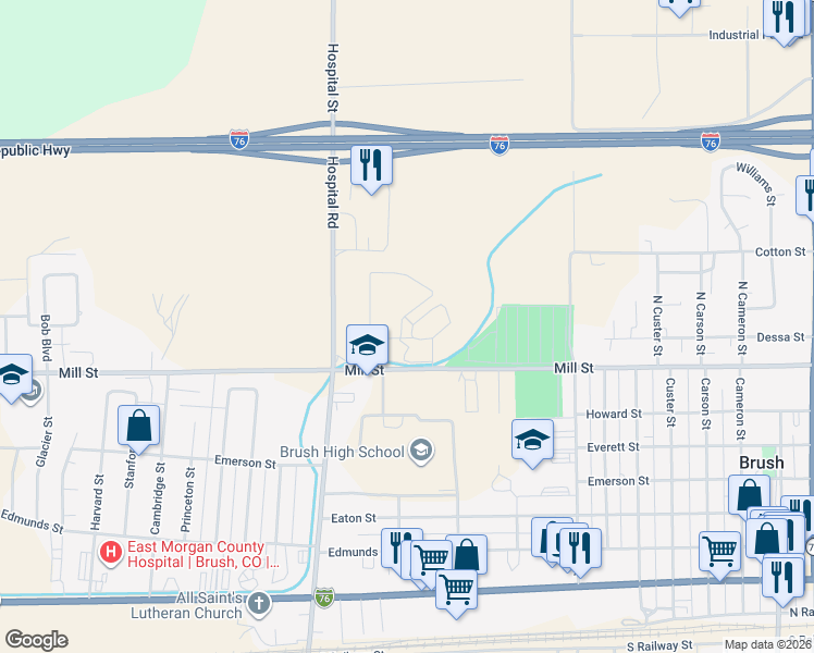 map of restaurants, bars, coffee shops, grocery stores, and more near 6 Pinneo Street in Brush