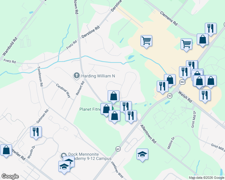 map of restaurants, bars, coffee shops, grocery stores, and more near 3010 Bainbridge Drive in Lansdale