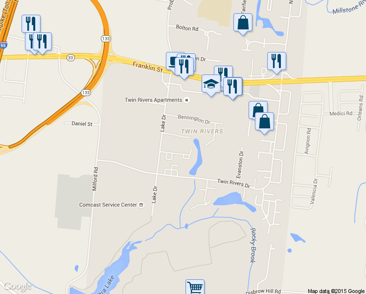 map of restaurants, bars, coffee shops, grocery stores, and more near 59 Dennison Drive in East Windsor