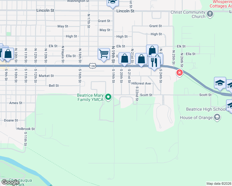 map of restaurants, bars, coffee shops, grocery stores, and more near 240 South 19th Street in Beatrice