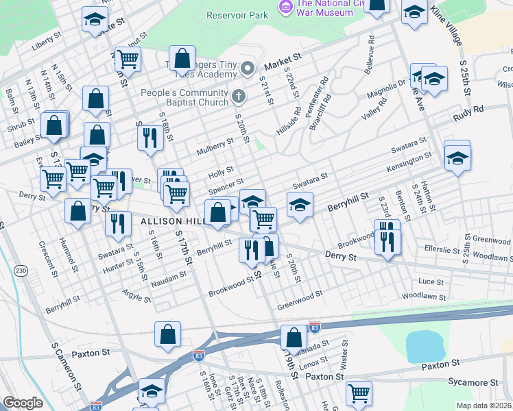 map of restaurants, bars, coffee shops, grocery stores, and more near 1945 Swatara Street in Harrisburg