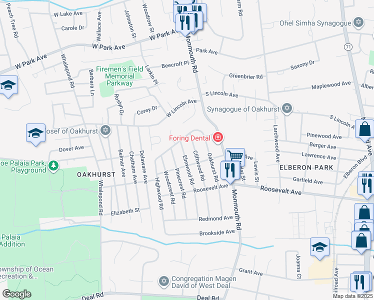 map of restaurants, bars, coffee shops, grocery stores, and more near 185 Elmwood Road in Monmouth County