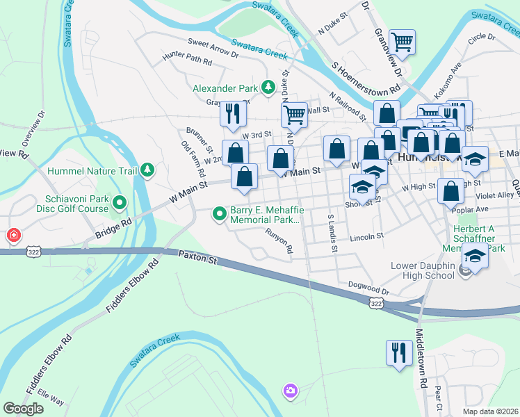 map of restaurants, bars, coffee shops, grocery stores, and more near 529 W High St in Hummelstown