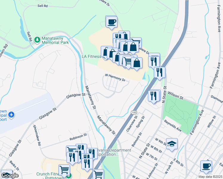 map of restaurants, bars, coffee shops, grocery stores, and more near 108 West Harmony Drive in Pottstown