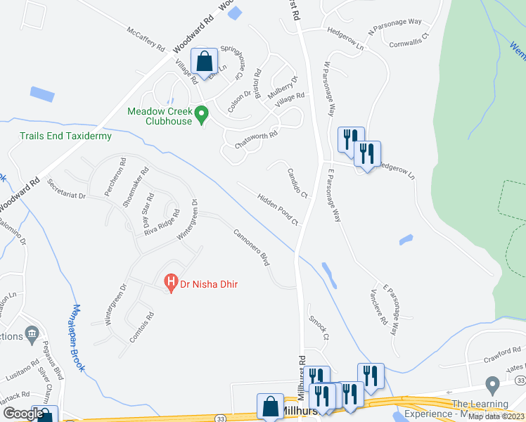 map of restaurants, bars, coffee shops, grocery stores, and more near 107 Hidden Pond Court in Englishtown