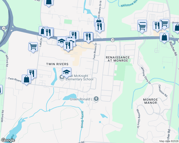 map of restaurants, bars, coffee shops, grocery stores, and more near 451 Livingston Drive in East Windsor