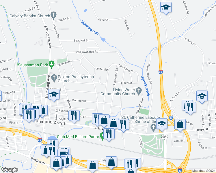 map of restaurants, bars, coffee shops, grocery stores, and more near 431 Luther Road in Harrisburg