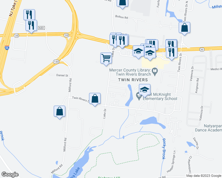 map of restaurants, bars, coffee shops, grocery stores, and more near 9I Dennison Drive in East Windsor