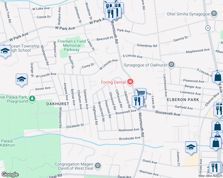 map of restaurants, bars, coffee shops, grocery stores, and more near 185 Elmwood Road in Monmouth County