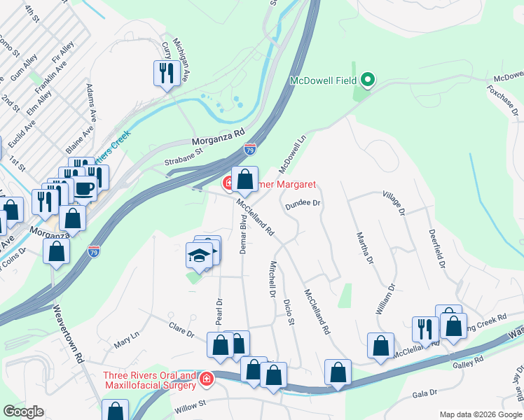 map of restaurants, bars, coffee shops, grocery stores, and more near 202 McClelland Road in Canonsburg