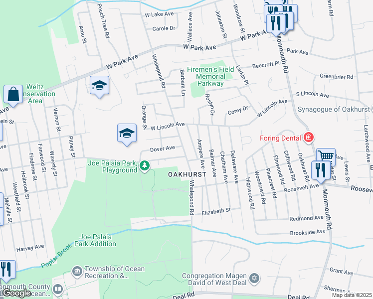 map of restaurants, bars, coffee shops, grocery stores, and more near 157 Whalepond Road in Monmouth County