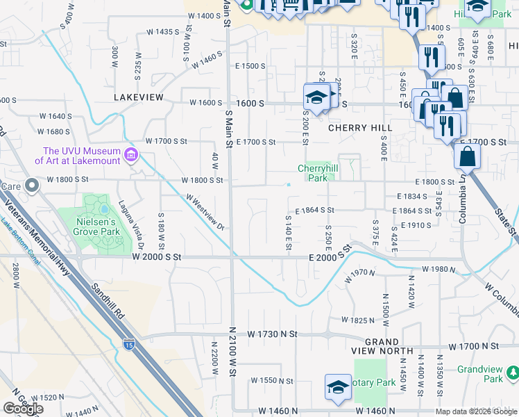 map of restaurants, bars, coffee shops, grocery stores, and more near 75 East 1864 South in Orem