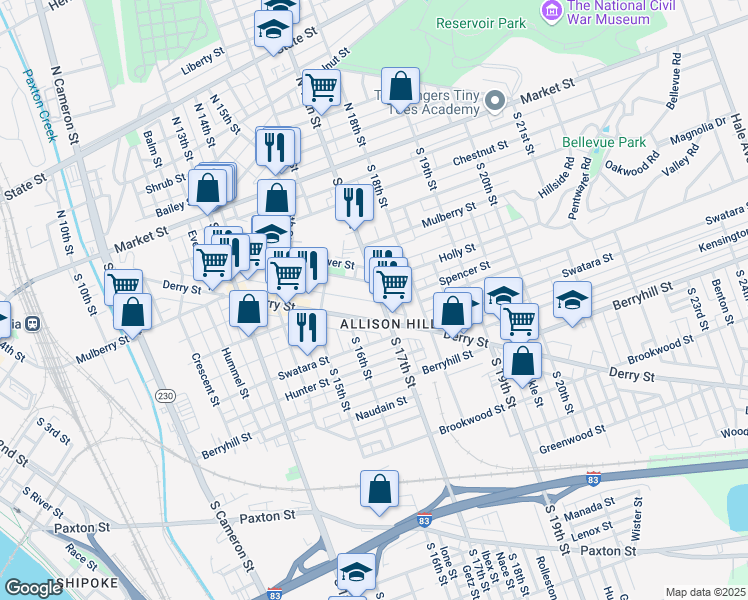 map of restaurants, bars, coffee shops, grocery stores, and more near 322 S 17th St in Harrisburg