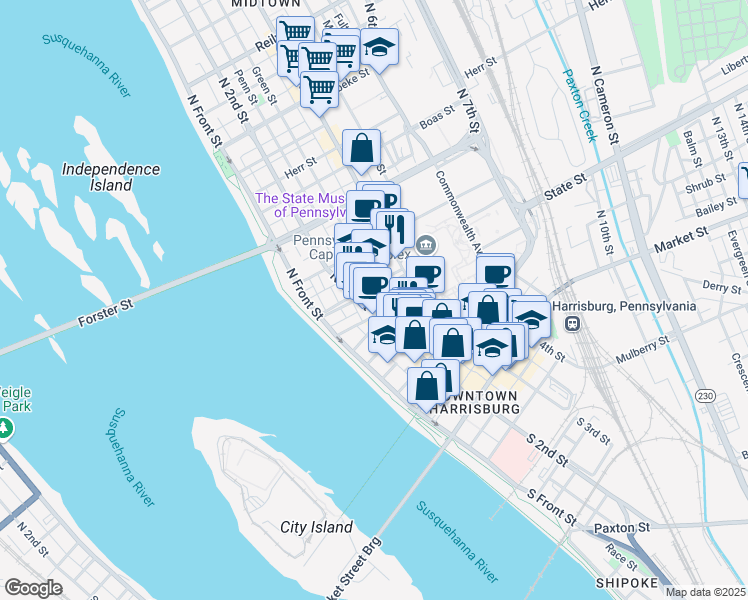 map of restaurants, bars, coffee shops, grocery stores, and more near 218 South Street in Harrisburg