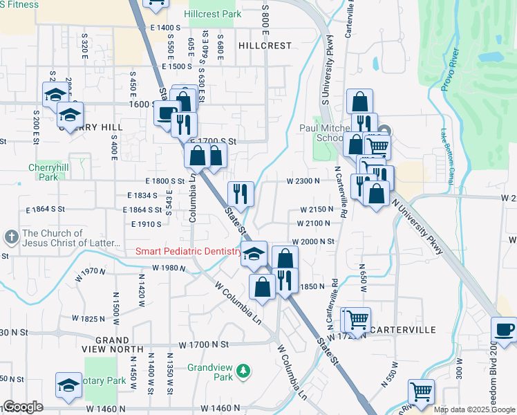 map of restaurants, bars, coffee shops, grocery stores, and more near 2142 North 1060 West in Provo
