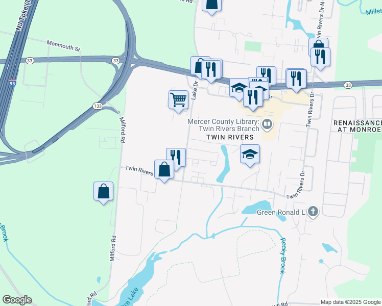 map of restaurants, bars, coffee shops, grocery stores, and more near 9H Dennison Drive in East Windsor