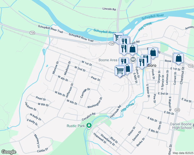 map of restaurants, bars, coffee shops, grocery stores, and more near 336 West 2nd Street in Birdsboro