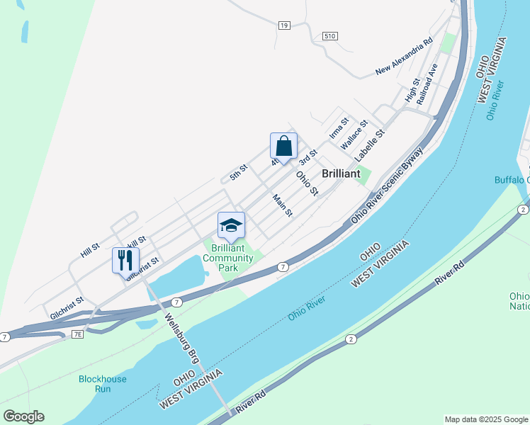 map of restaurants, bars, coffee shops, grocery stores, and more near 909 2nd Street in Brilliant