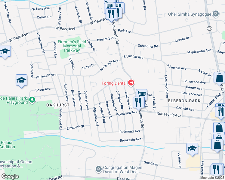 map of restaurants, bars, coffee shops, grocery stores, and more near 185 Elmwood Road in Monmouth County