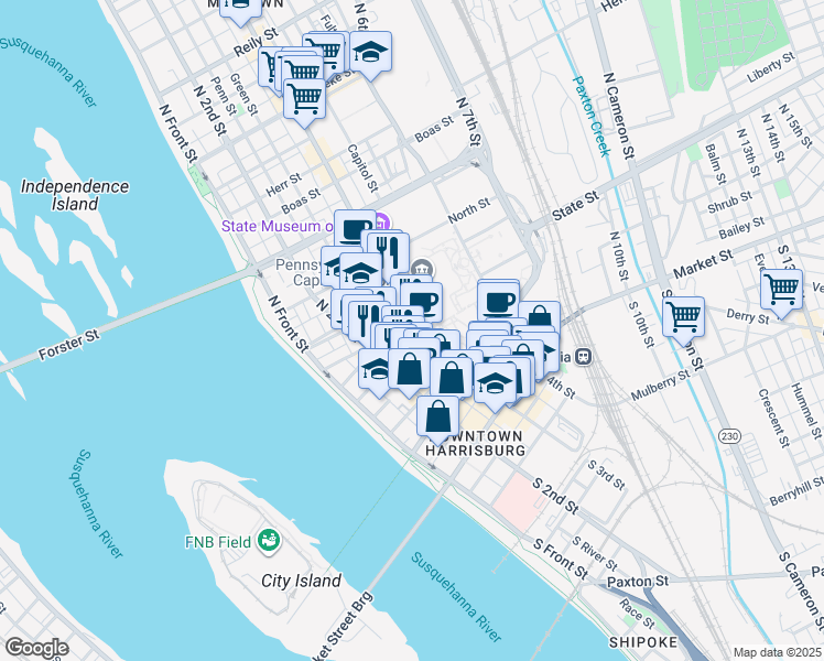 map of restaurants, bars, coffee shops, grocery stores, and more near 303 South Street in Harrisburg