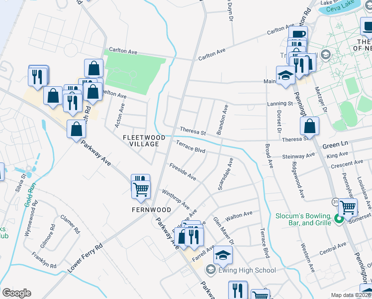 map of restaurants, bars, coffee shops, grocery stores, and more near 1063 Terrace Boulevard in Ewing Township