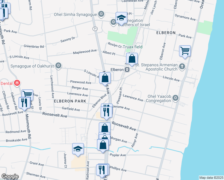 map of restaurants, bars, coffee shops, grocery stores, and more near 1 Norwood Avenue in Deal