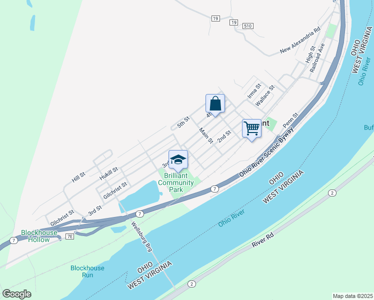 map of restaurants, bars, coffee shops, grocery stores, and more near 1004 3rd Street in Brilliant