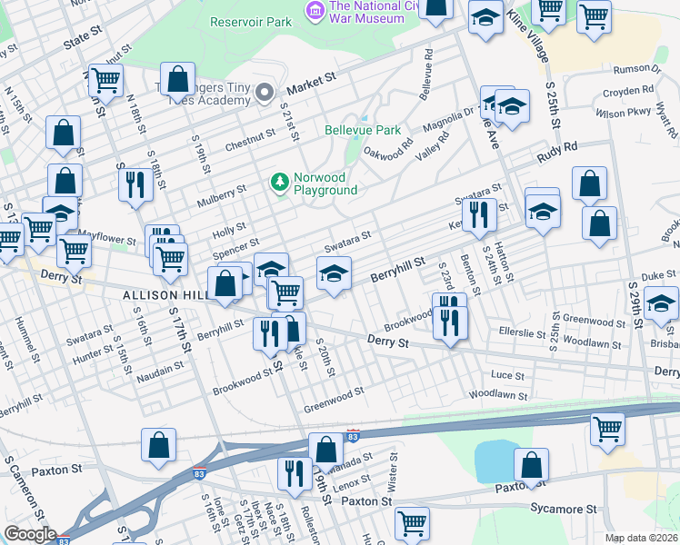 map of restaurants, bars, coffee shops, grocery stores, and more near 450 South 21st Street in Harrisburg