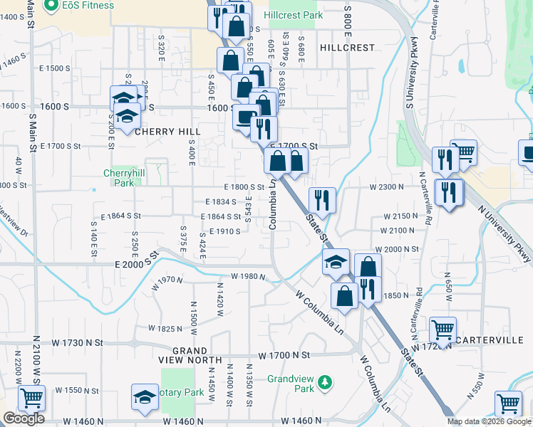 map of restaurants, bars, coffee shops, grocery stores, and more near 1854 South Columbia Lane in Orem