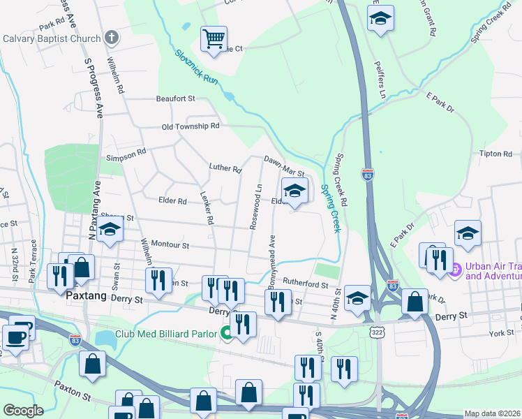 map of restaurants, bars, coffee shops, grocery stores, and more near 441 Rosewood Ln in Harrisburg