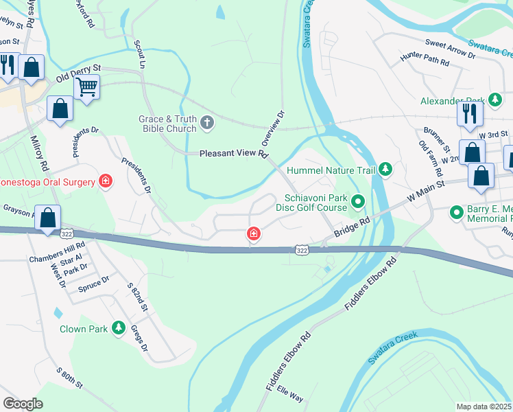map of restaurants, bars, coffee shops, grocery stores, and more near 8790 Washington Circle in Hummelstown