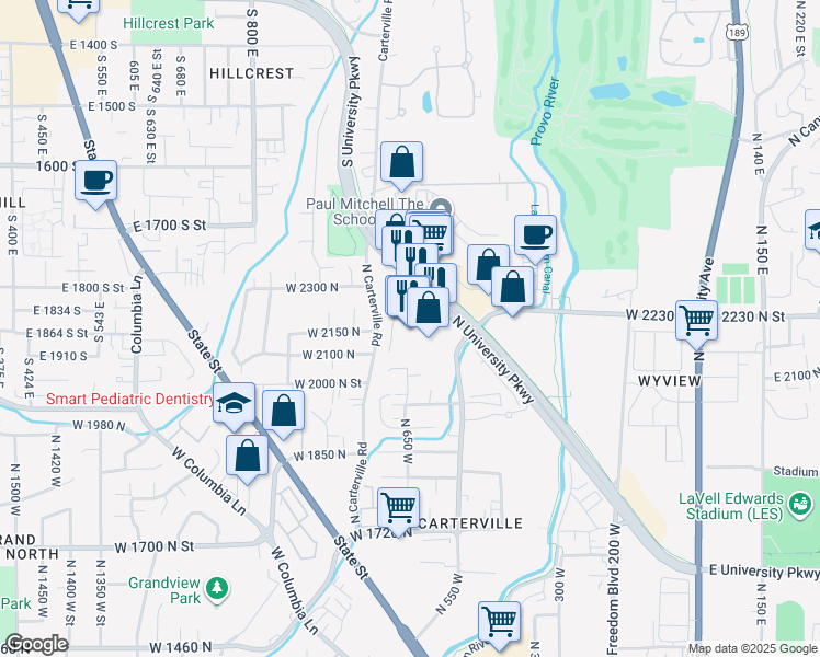 map of restaurants, bars, coffee shops, grocery stores, and more near 2164 North Carterville Road in Provo