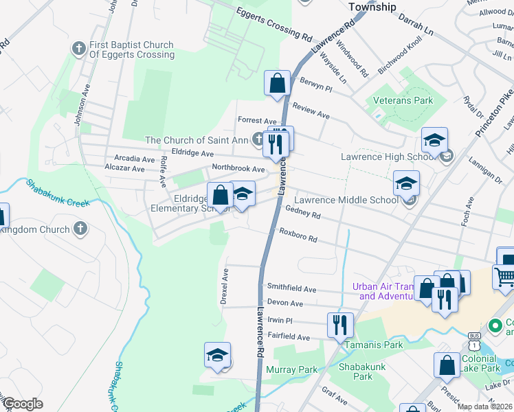 map of restaurants, bars, coffee shops, grocery stores, and more near 33 Lawn Park Avenue in Lawrence Township