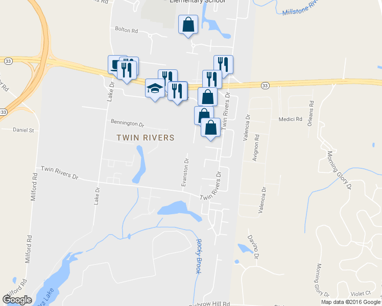 map of restaurants, bars, coffee shops, grocery stores, and more near 332 Evanston Drive in East Windsor