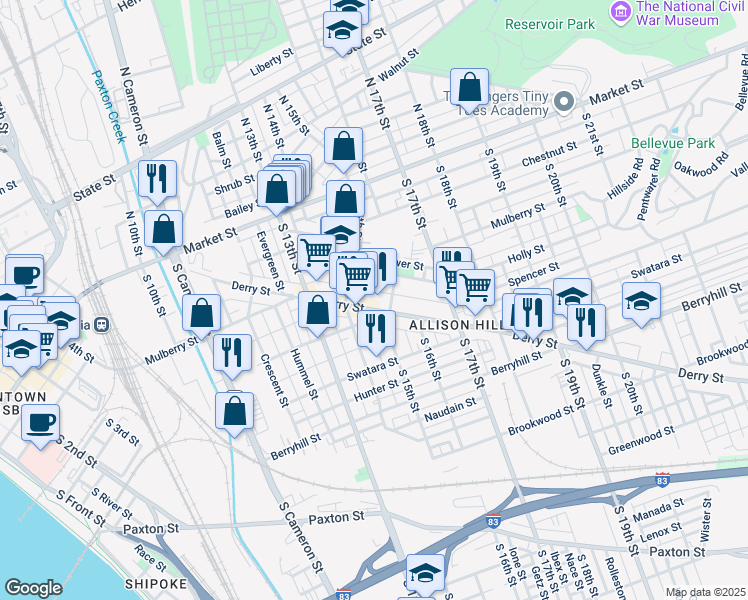 map of restaurants, bars, coffee shops, grocery stores, and more near 1426 Derry Street in Harrisburg