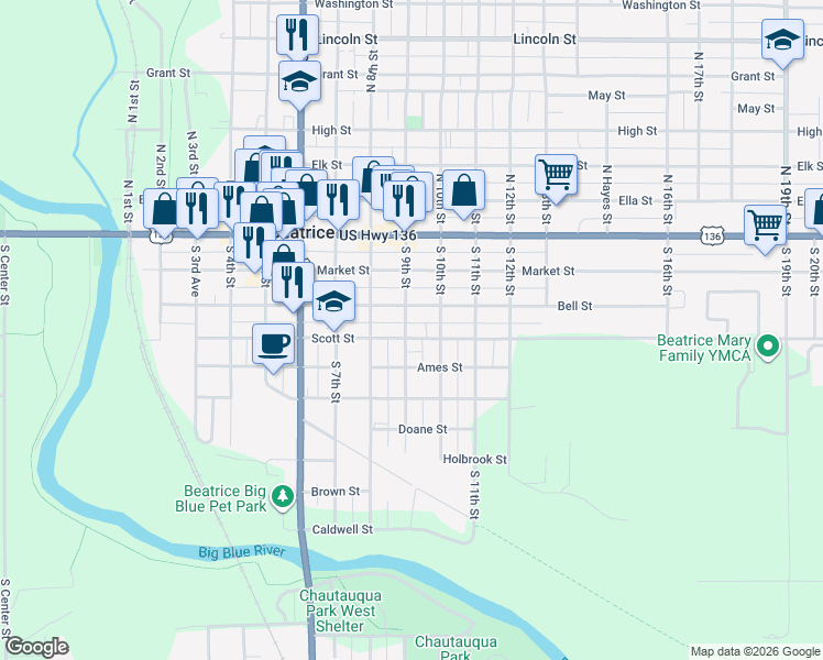map of restaurants, bars, coffee shops, grocery stores, and more near 322 South 9th Street in Beatrice
