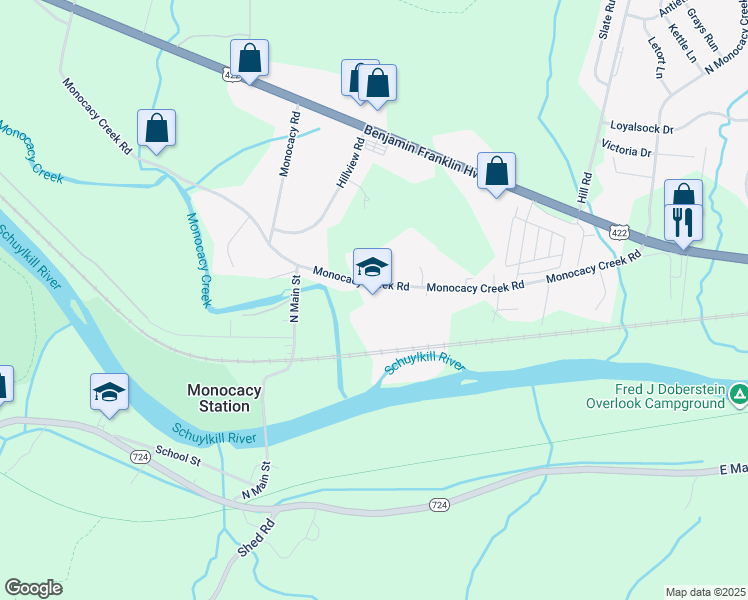 map of restaurants, bars, coffee shops, grocery stores, and more near 576 Monocacy Creek Road in Birdsboro