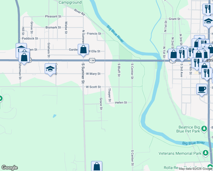 map of restaurants, bars, coffee shops, grocery stores, and more near 232 South Lasalle Street in Beatrice