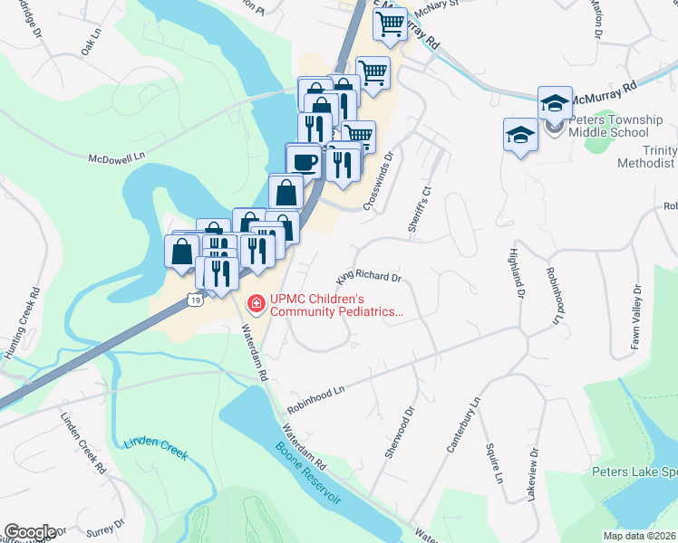 map of restaurants, bars, coffee shops, grocery stores, and more near 226 King Richard Drive in Canonsburg
