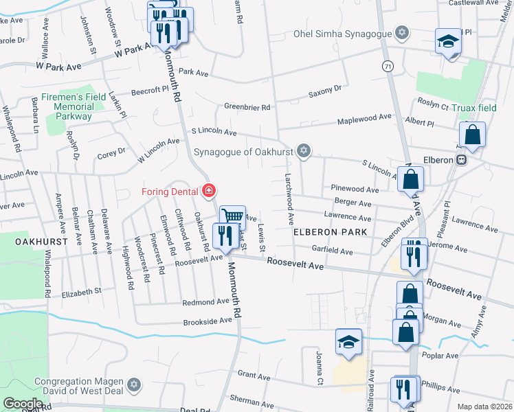 map of restaurants, bars, coffee shops, grocery stores, and more near 203 Lewis Street in Monmouth County