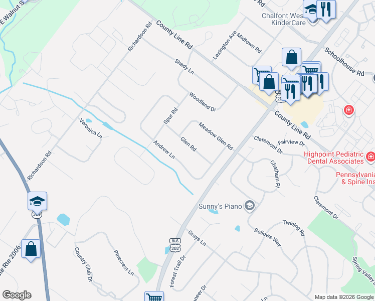map of restaurants, bars, coffee shops, grocery stores, and more near 18 Glen Road in Lansdale