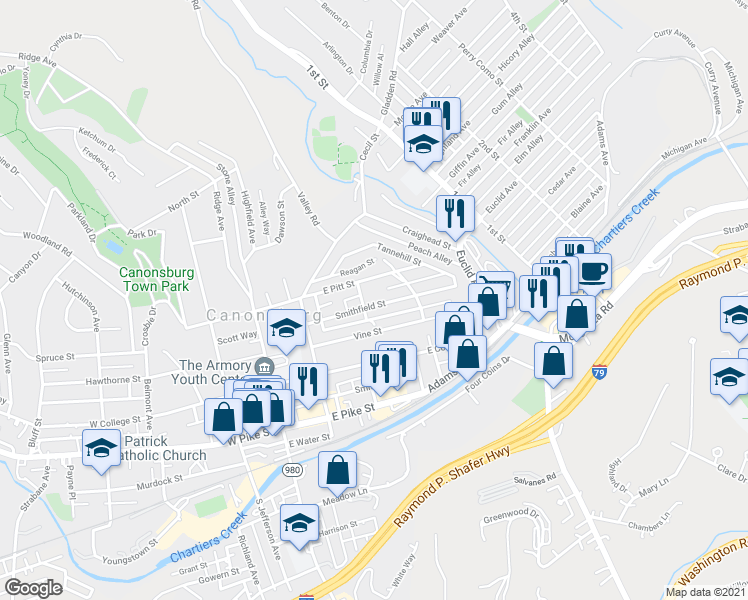 map of restaurants, bars, coffee shops, grocery stores, and more near 205 Smithfield Street in Canonsburg
