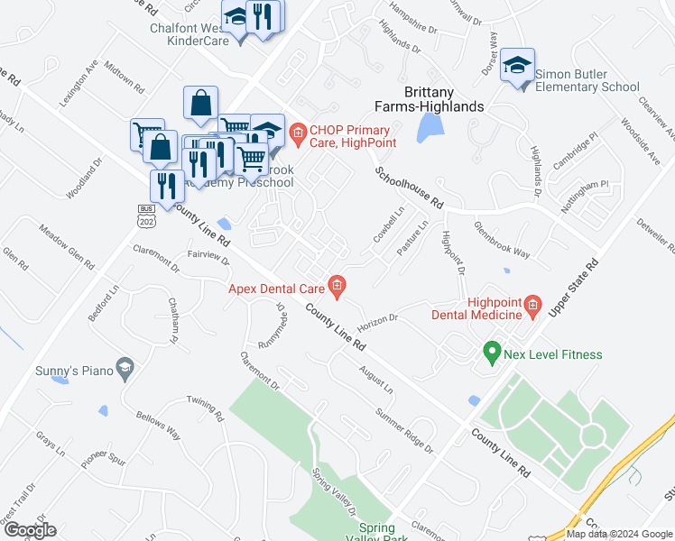 map of restaurants, bars, coffee shops, grocery stores, and more near 33 Pasture Lane in Chalfont