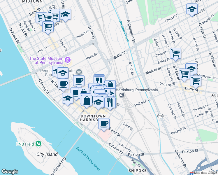 map of restaurants, bars, coffee shops, grocery stores, and more near 438 Market St in Harrisburg