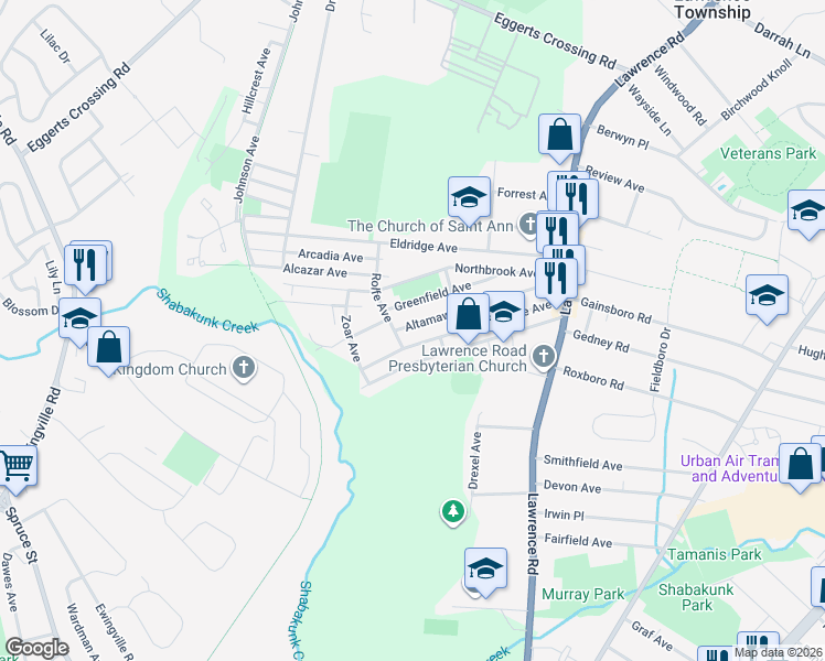 map of restaurants, bars, coffee shops, grocery stores, and more near 141 Altamawr Avenue in Lawrence Township