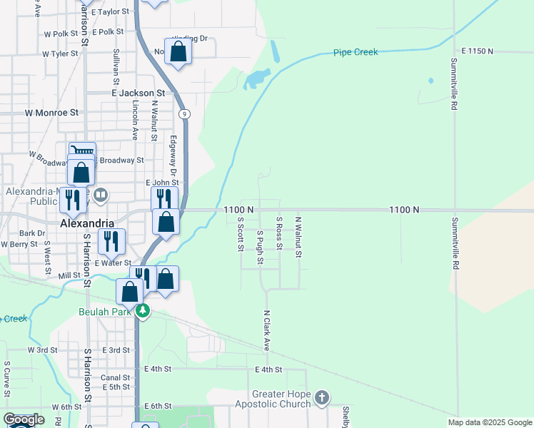 map of restaurants, bars, coffee shops, grocery stores, and more near 281 1100 North in Alexandria