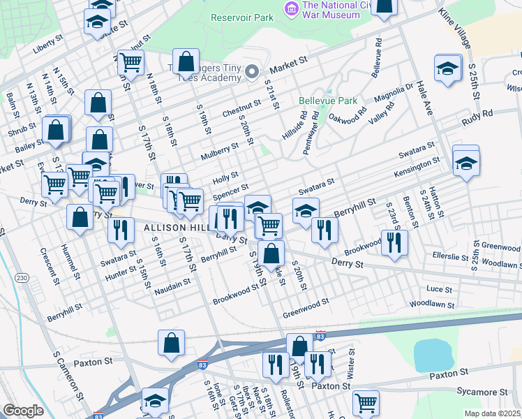 map of restaurants, bars, coffee shops, grocery stores, and more near 1935 Swatara Street in Harrisburg