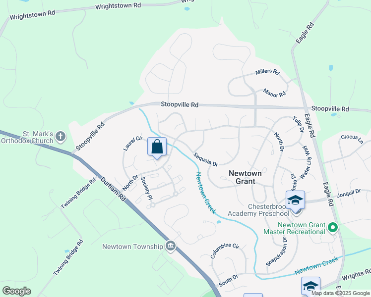 map of restaurants, bars, coffee shops, grocery stores, and more near 35 Sequoia Drive in Newtown