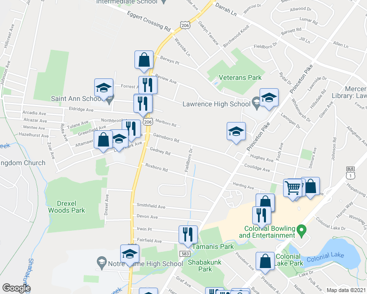 map of restaurants, bars, coffee shops, grocery stores, and more near 113 Gainsboro Road in Lawrence Township